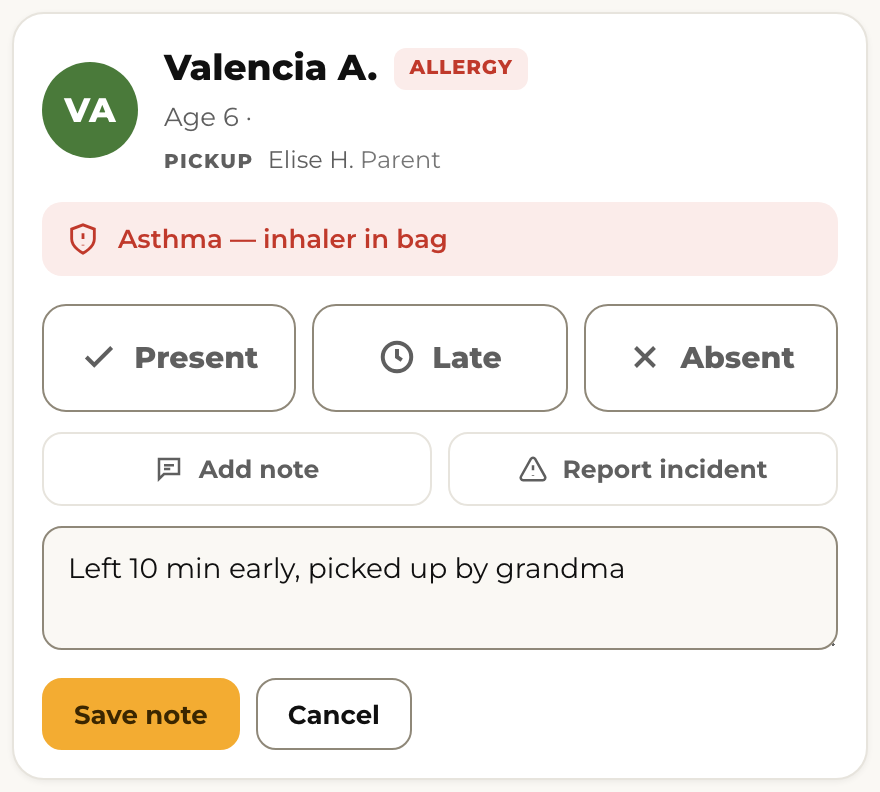 Add note on the dancer's card, then Save note.