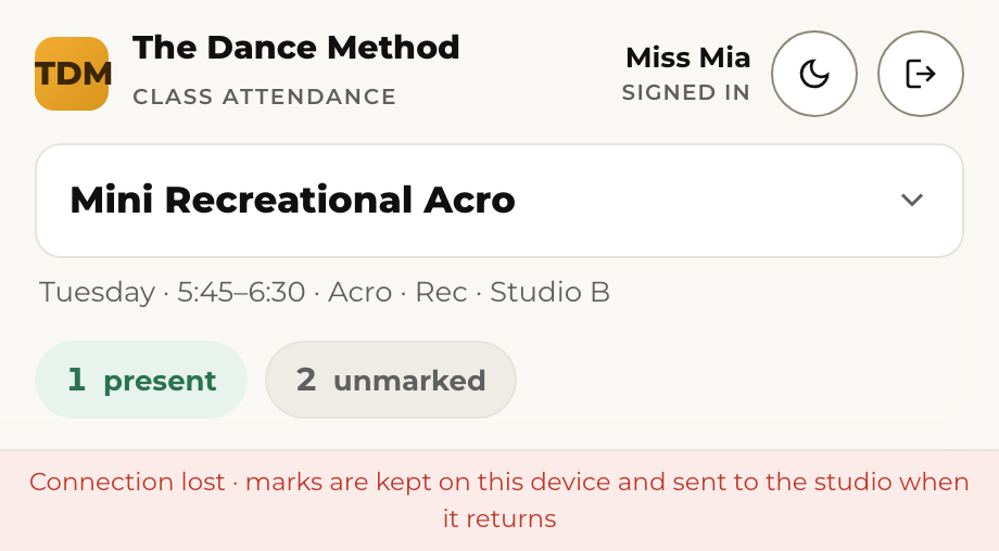 Connection lost: marks stay on the device and send themselves when it returns.