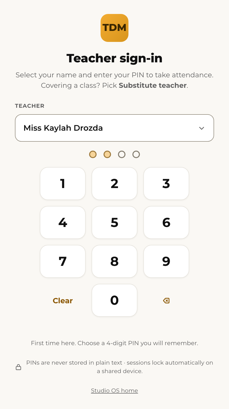 Sign in: your name, then your PIN.