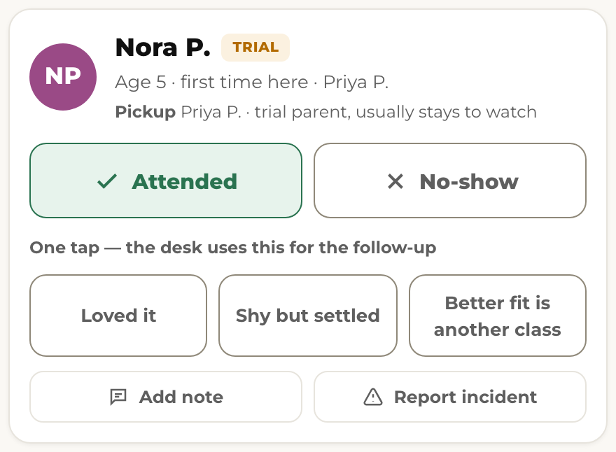 A trial dancer's card: Attended or No-show, then one note for the desk.