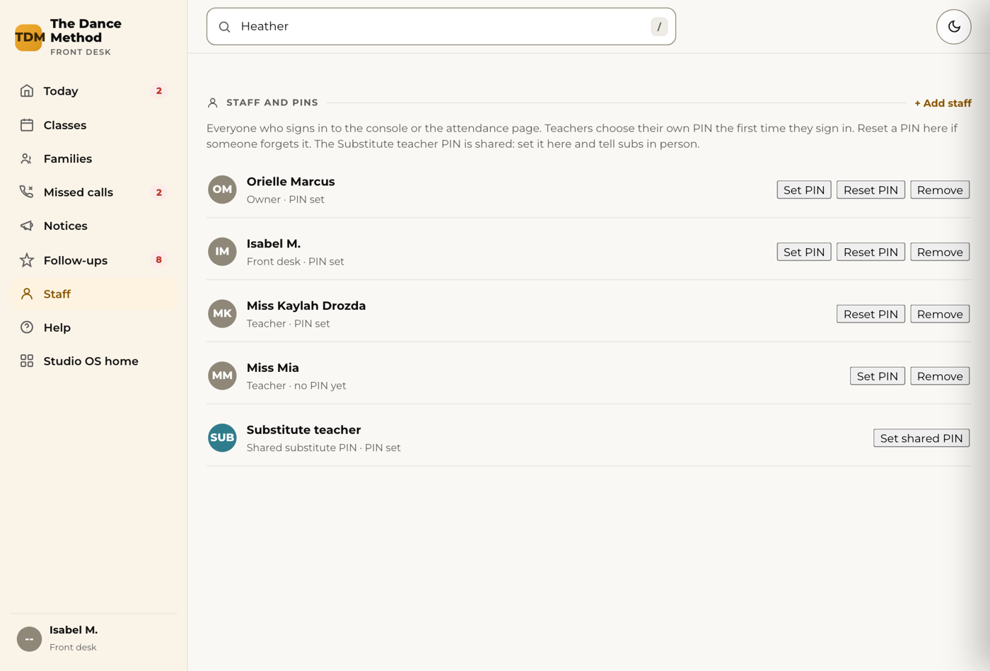 Staff: add, set or reset a PIN, remove, and the shared substitute PIN.